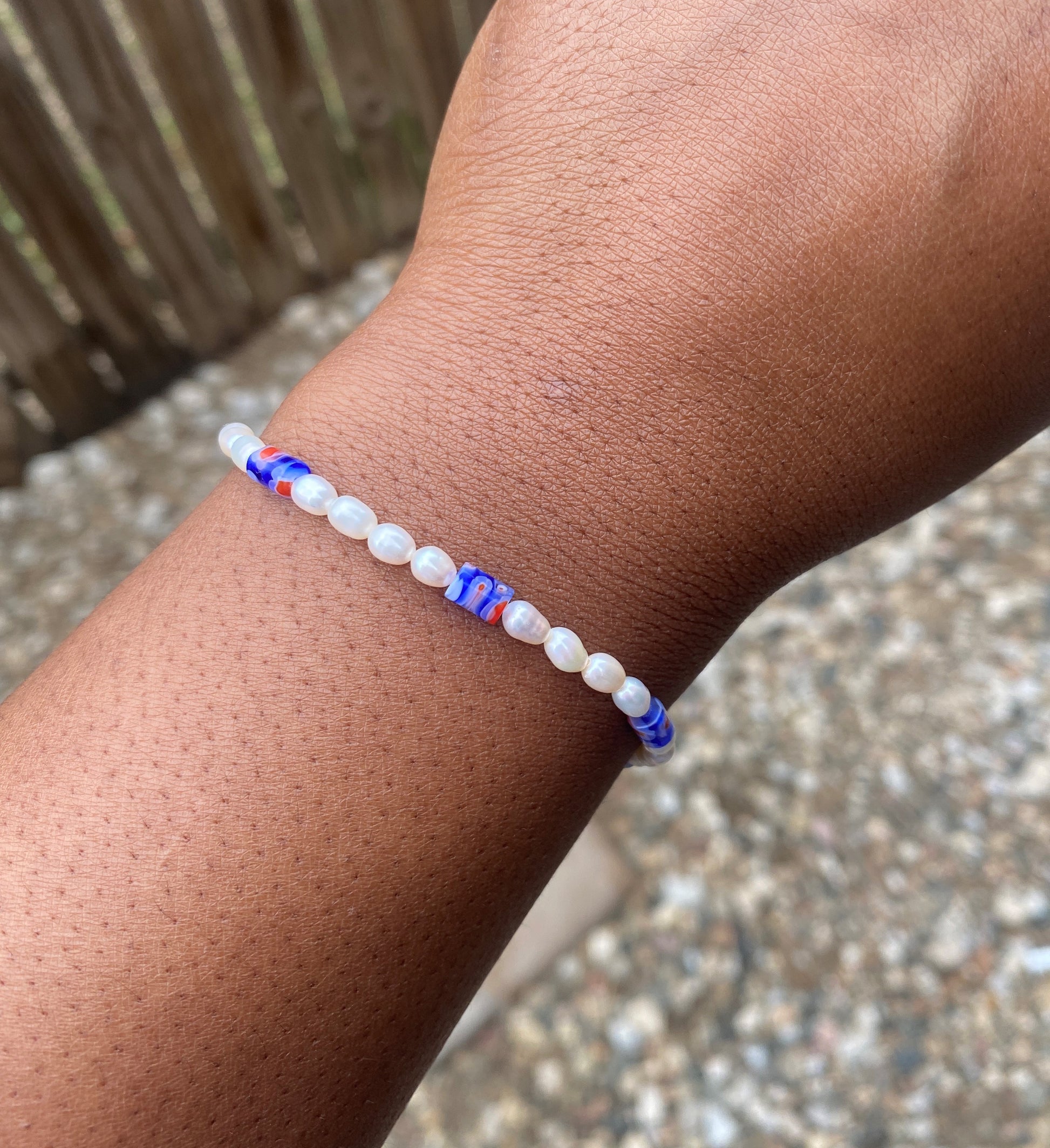 Blue Millefiori Pearl Beaded Bracelet