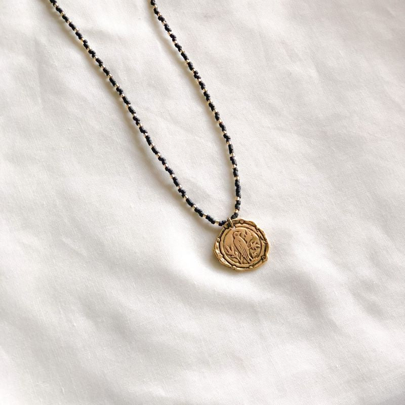 Black Gold Beaded Medallion Necklace